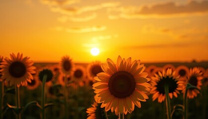 Fototapeta premium Sunflowers basking in the warm glow of sunset in a vibrant field, creating a magical moment full of tranquility and natural beauty