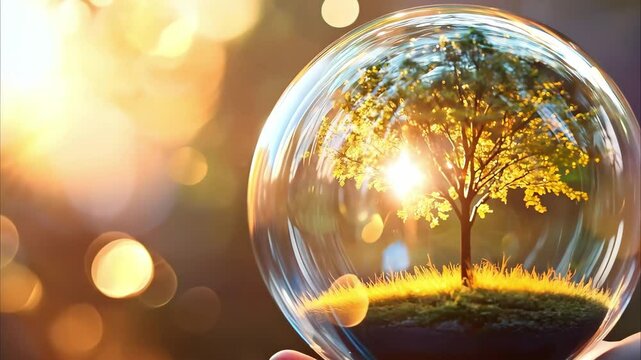 A hand holding a glass orb that contains a small tree and a glowing sunset, symbolizing nature and protection.