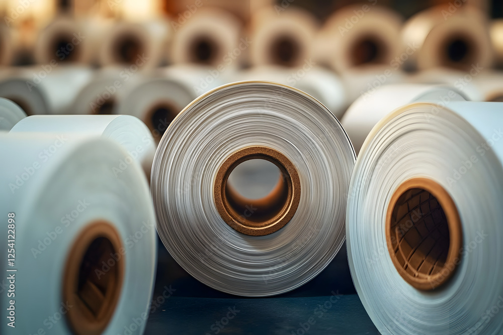 Poster a close-up view of a roll of paper, showcasing its texture and layers, surrounded by other similar r