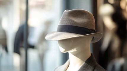 Hat Mockup on a Display Stand A hat mockup displayed on a mannequin or a display stand, featuring a customizable space for logo or artwork designs.