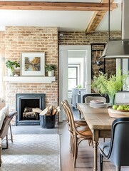 Fototapeta premium A farmhouse kitchen and dining area with exposed brick walls and a white frame over the fireplace.