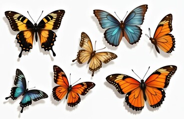 Set of vintage illustration of different butterfly species. Colorful butterflies fly. Detailed drawing graphic retro collection fly with visual moth spring design.