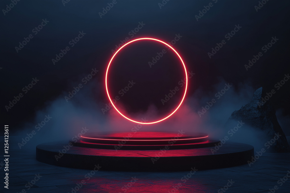 Aufkleber red neon circle portal: a mesmerizing 3d render of a red neon circle hovering above a dark, smoky pl