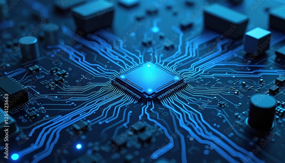 Poster Illustration of AI circuit board background. Tech connected blue lines with electronic elements on technical backdrop. Computer motherboard with chip, processor, semiconductor. Futuristic hi-tech