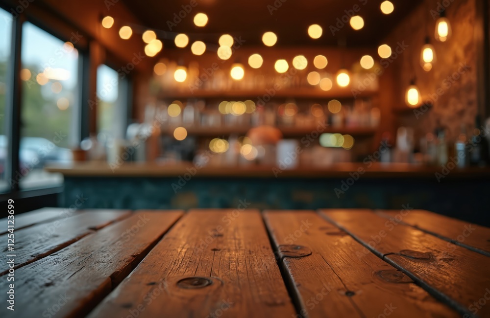 Poster Rustic wooden table in dimly lit cozy bar with warm string lights. Empty surface, interior with counter on blurred background. Pub atmosphere, retro style. Place product display.