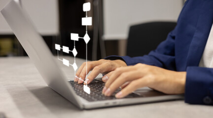 close up manager executive man type on laptop with virtual workflow to create solution and decide...