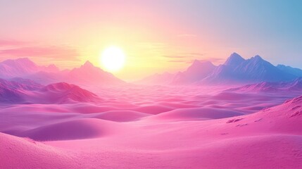 Obraz premium A serene landscape at sunset with pink hues and distant mountains.