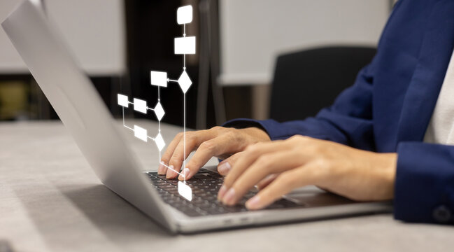 close up manager executive man type on laptop with virtual workflow to create solution and decide about solving problem with logic strategy for improve and analyse business concept