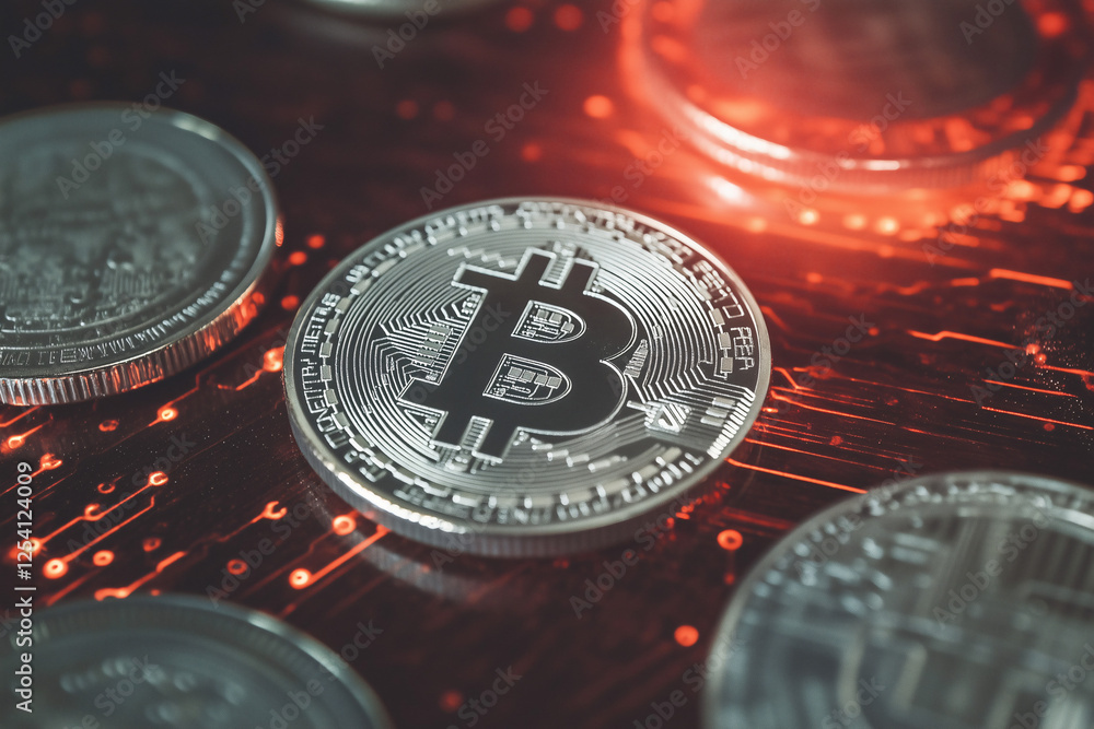 Poster bitcoin symbol on circuit board: a silver bitcoin, glowing with red light on a complex circuit board