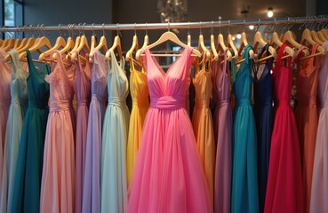Showcase of elegant colorful dresses on hangers. Pink dress in the middle, light fabrics, wedding and celebration mood. Fashion boutique interior. New collection. Stylish look.