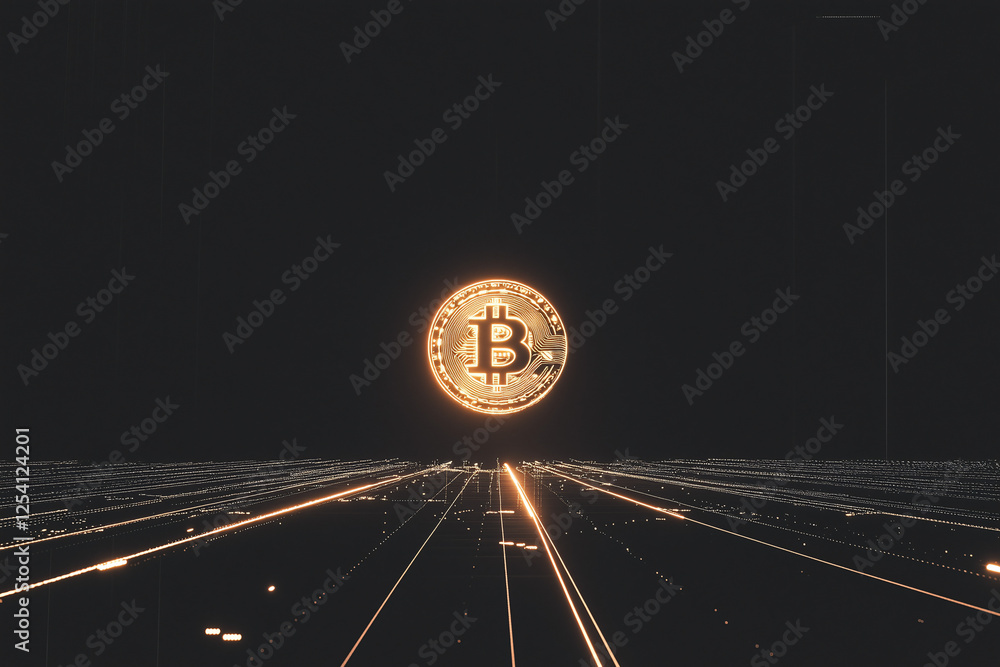Poster bitcoin future: a gleaming gold bitcoin coin floats above a network of glowing digital pathways agai