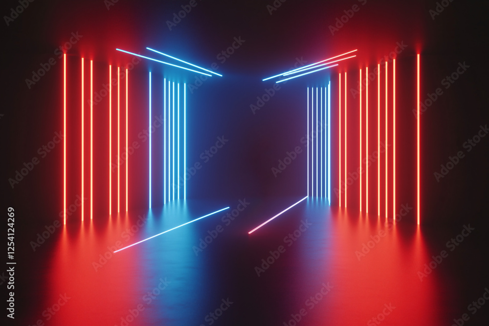 Poster neon corridor: a mesmerizing 3d rendering of a futuristic corridor, illuminated by vibrant red and b