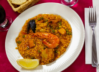 Spainsh dish seafood paella with rice, shrimps and mussels, nobody