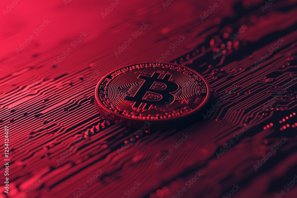 Poster bitcoin on circuit board: a close-up shot of a gold bitcoin cryptocurrency coin resting on a red cir