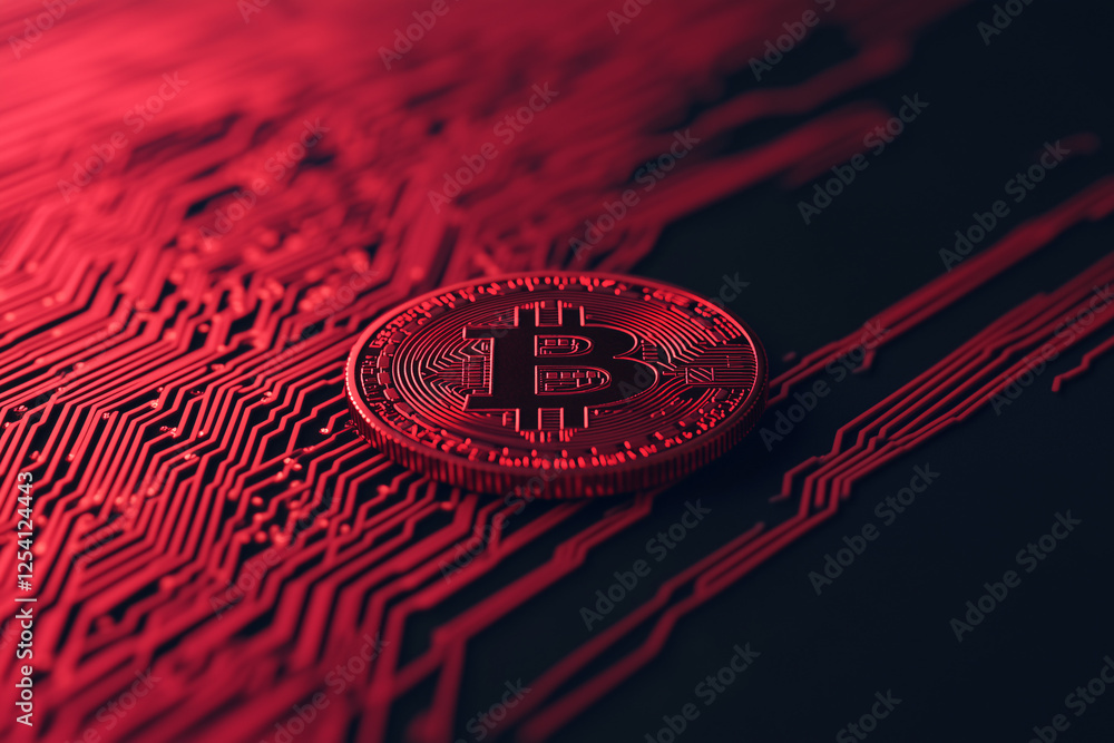 Poster bitcoin on circuit board: a close-up shot of a bitcoin cryptocurrency coin resting on a vibrant red 