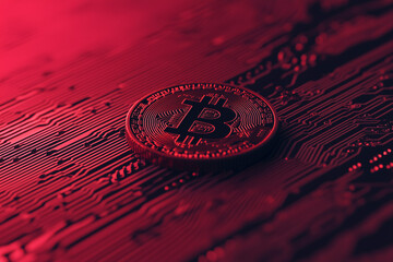 Bitcoin on Circuit Board: A close-up shot of a gold Bitcoin cryptocurrency coin resting on a red circuit board, illuminated by dramatic red lighting.  The image evokes themes of digital currency.