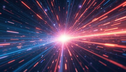 Fototapeta premium Lightspeed travel illustration. Galaxy, cosmos exploration. Generative AI art. Abstract speed light trails with neon glow, burst explosion effect. Futuristic hyper warp motion.