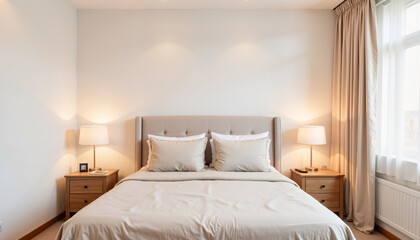 Cozy minimalist bedroom with soft lighting and neutral colors, comfort