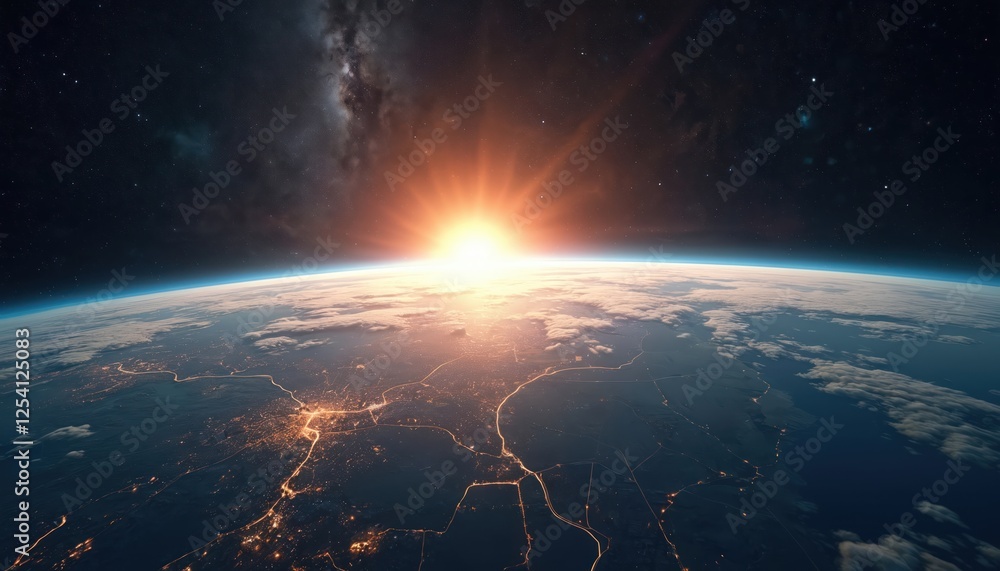 Aufkleber panoramic view of earth globe from space. glowing city lights, clouds. blue planet with atmosphere a
