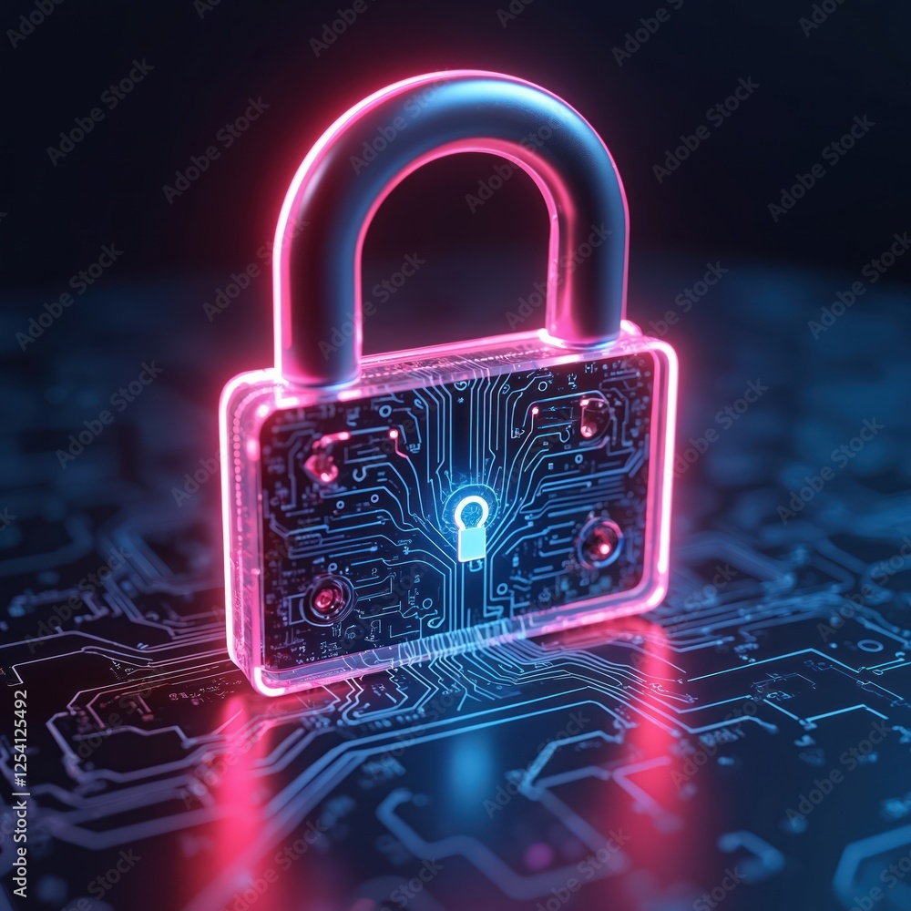 Aufkleber 3d rendering of cyber security concept with digital padlock on glowing blue circuit board. network s