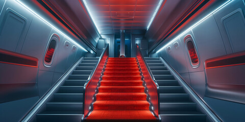 Obraz premium Futuristic staircase illuminated with red and blue lights leading to unseen destination