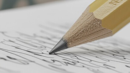 Pencil Pointing to New Ideas: A close-up view of a graphite pencil, sharp and ready to write, poised above a page filled with scribbled notes, symbolizing creativity.