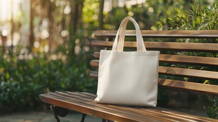 Tote Bag Mockup on a Wooden Bench A tote bag mockup on a wooden bench in an outdoor setting, featuring customizable design space for casual apparel brands.