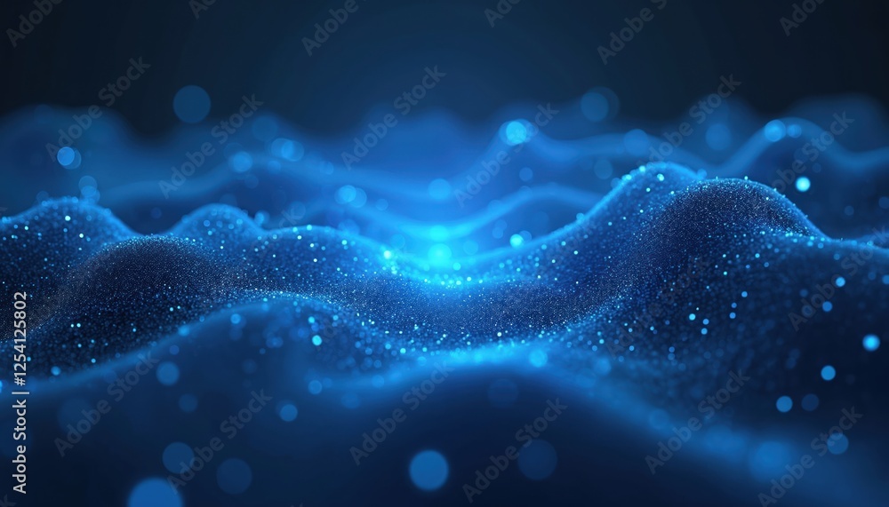 Aufkleber Abstract blue glowing background with bokeh lights and depth of field. Dark blue shades, digital effect and modern design. Sparkle, texture backdrop for presentations.