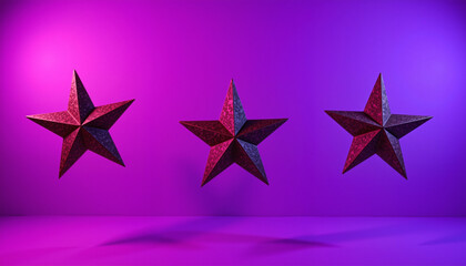 Fototapeta premium Three dark bronze stars floating over neon violet background, cosmic decoration
