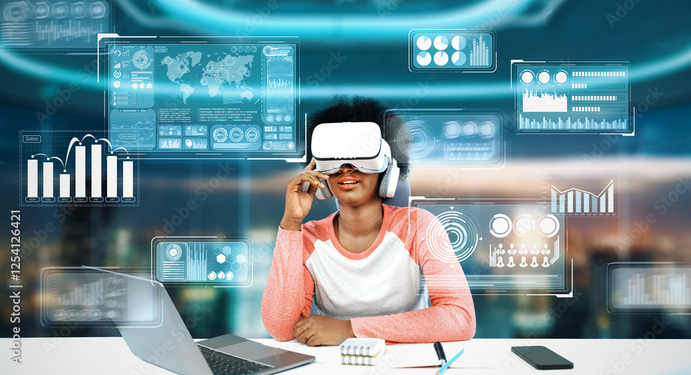 Poster girl using laptop and augmented glasses connecting metaverse while doing homework at table by using 