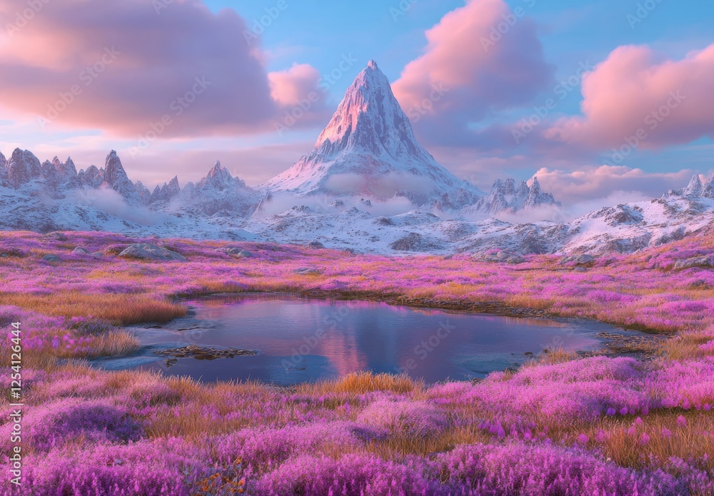 Poster in a surreal digital virtual cyber world, low-polygon mountains glow with neon light against a gradi