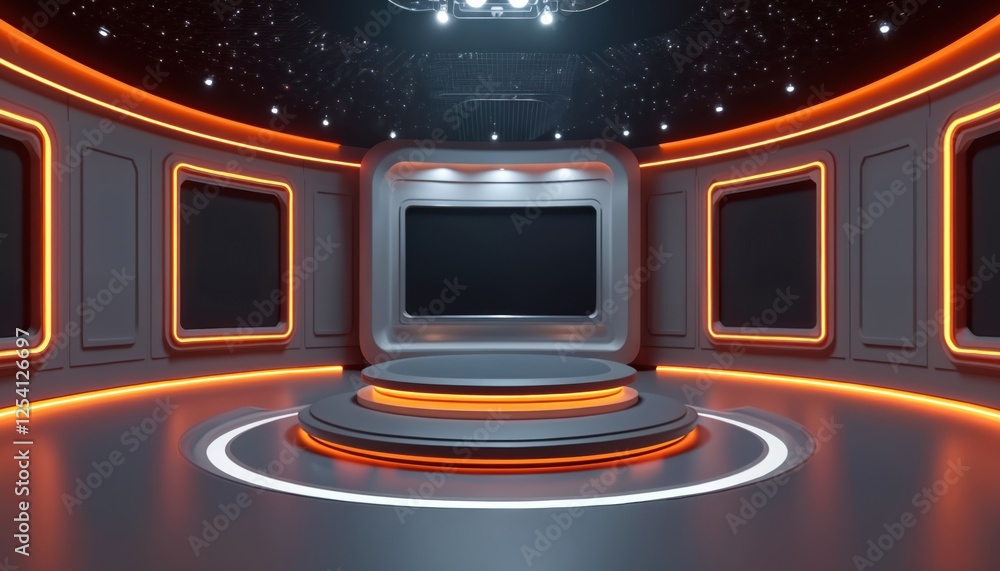 Poster 3D rendering of virtual TV news studio set background with blank black screens. Modern design of stage for online shows, live events and presentations.