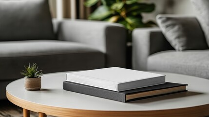 Magazine Mockup on Coffee Table with Book A magazine mockup placed on a coffee table alongside a book, featuring customizable space for editorial or promotional designs.