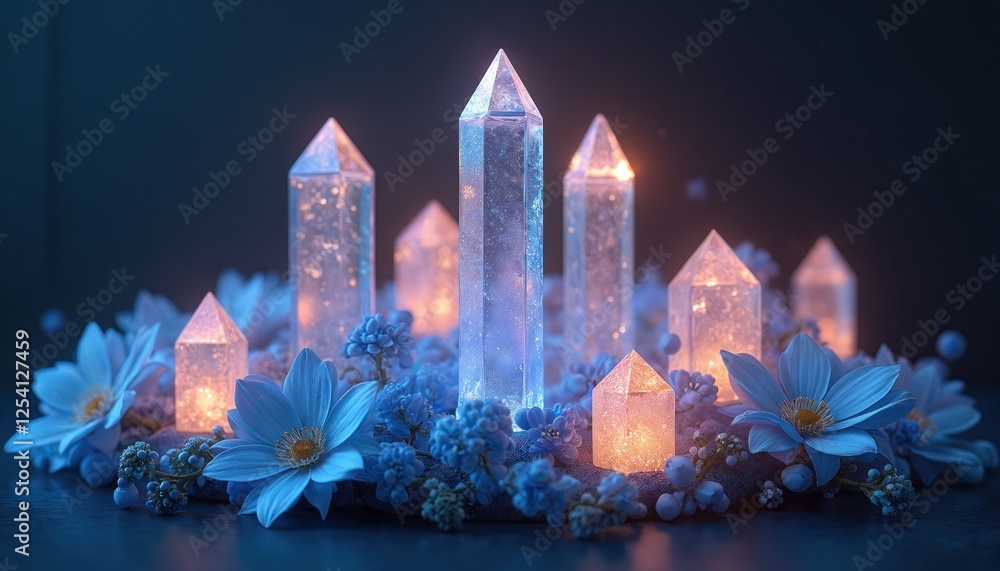 Poster glowing crystal prisms with blue flowers. 3d illustration of design render concept. magical shining 