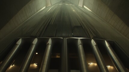 Fototapeta premium Low-angle view of a towering, metallic structure with vertical lines and subtle lighting.