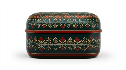 A beautifully designed decorative box featuring intricate floral patterns in vibrant colors on a dark green background.