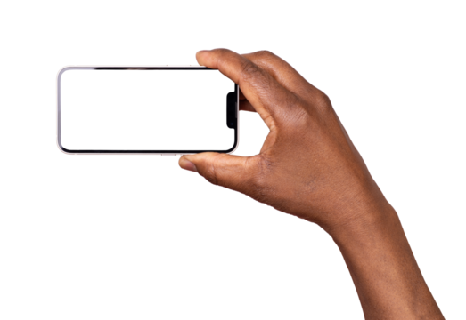 Man using smart phone with blank screen isolated on transparent or white background