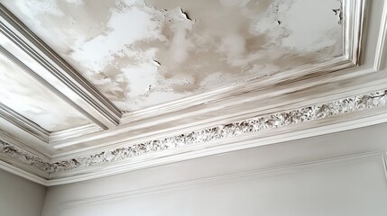 Elegant Distressed White Ceiling Molding Architectural Detail Interior Design Home Decor Restoration Project Vintage Antique Plasterwork Room Decor   