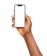 Man using smart phone with blank screen isolated on transparent or white background