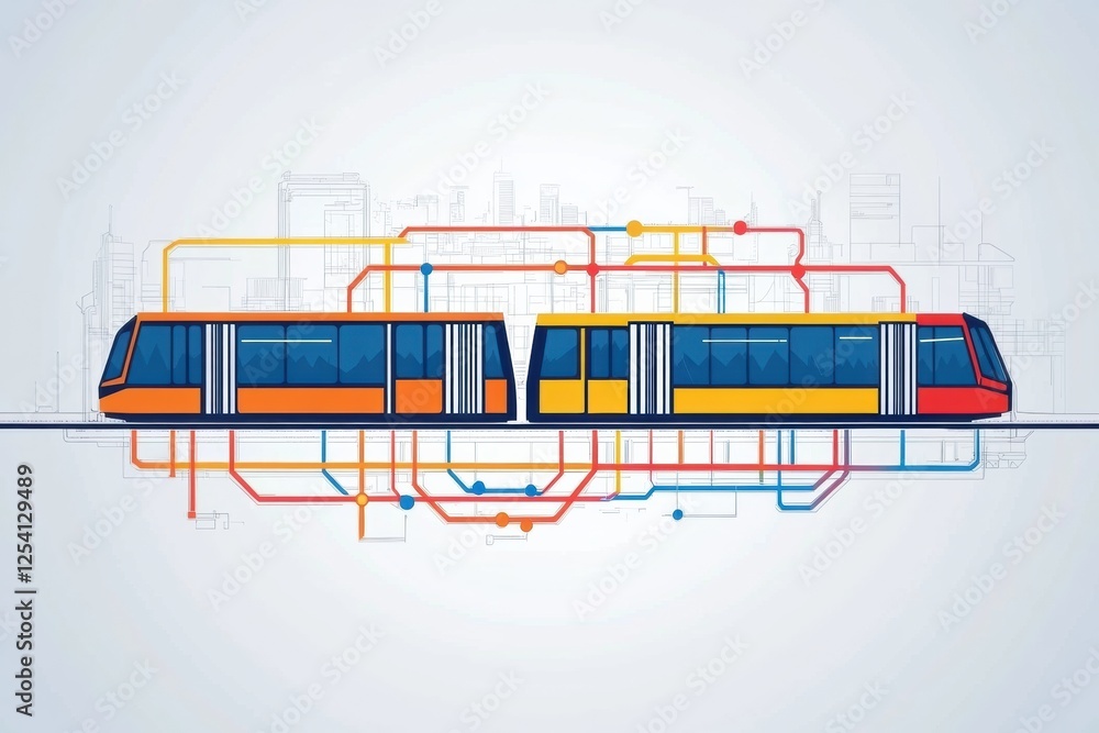 Aufkleber metro station layout featuring colorful subway trains and an abstract city background with passenger