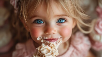 Happy toddler girl with cake frosting on her face.