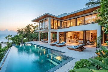 Fototapeta premium Luxurious modern house with an infinity pool and ocean view at sunset, featuring white walls and wood details