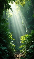 Sunlight streams through green leaves in tropical rainforest. Lush jungle scene. Natural light filtering through canopy, creating scenic landscape background for wallpaper or travel blog.