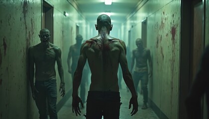 Fototapeta premium Zombie crowd walks corridor in dark. Back view of undead man. Blood stains horror, Halloween themes. Haunting post-apocalyptic environment embodies mystery, loneliness, melancholy, fear.