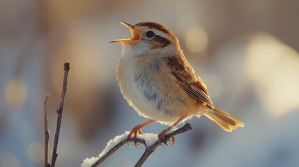 A Small Brown Bird Singing On A Snowy Branch