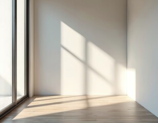 Fototapeta premium Minimalist living room corner, neutral tones. Sunlight from large window illuminates empty space on wooden floor. Residential interiors with blank wall, copy space area.
