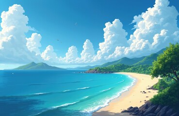 Panorama of tropical coast beach illustration. Turquoise sea meets the sandy shore. Mountains are visible in distance with blue sky and white clouds. Summer vacation vibes.