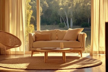 Obraz premium Cozy living room with a stylish sofa and natural light streaming in