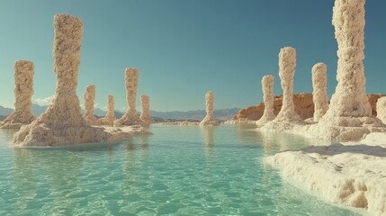 A parallel world where floating crystal shards create a labyrinth above a tranquil, mirrored lake. The digital piece uses minimalism to underscore the fantastical and surreal quality