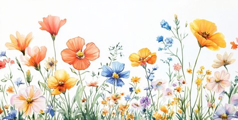 Watercolor wildflowers meadow border, spring floral design, white background, home decor